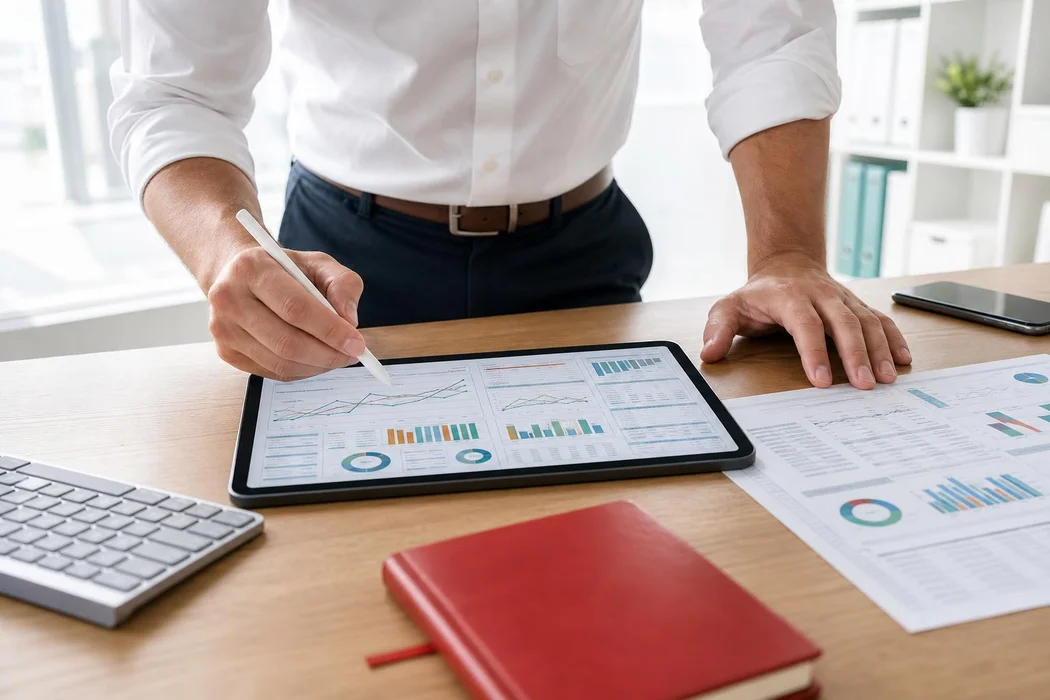 An IT consultant at a desk, working through analytics
