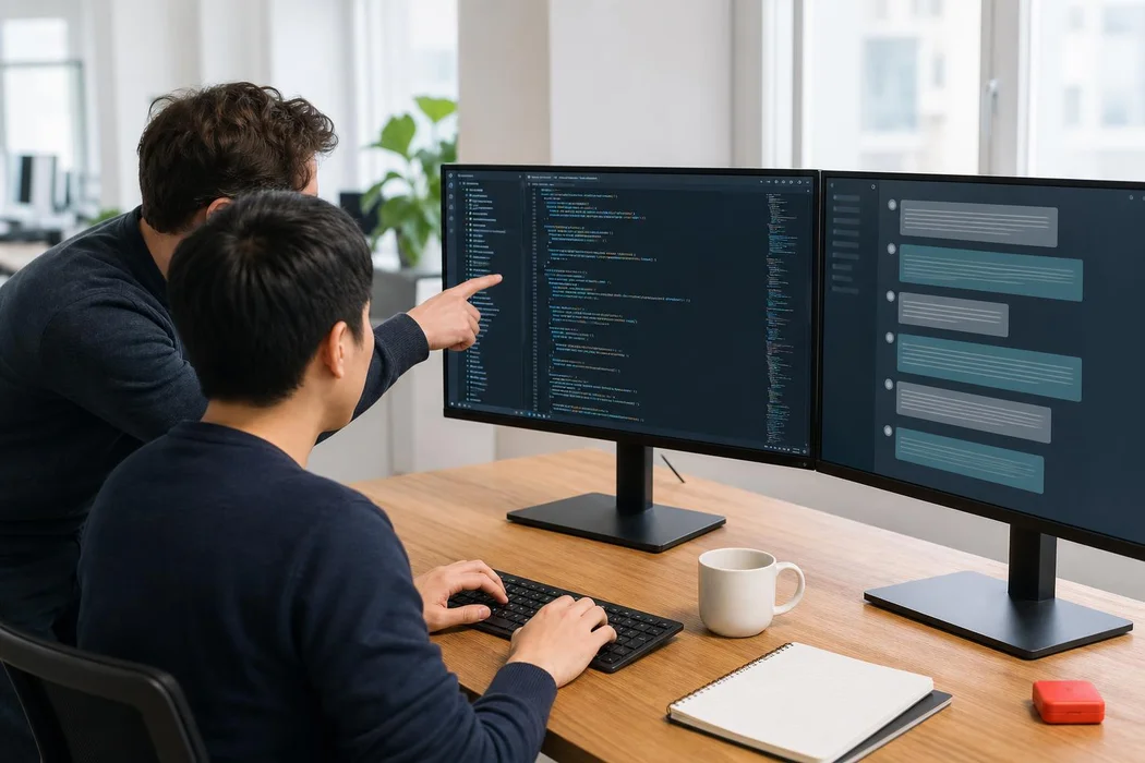 Two developers building with an AI assistant open beside the code