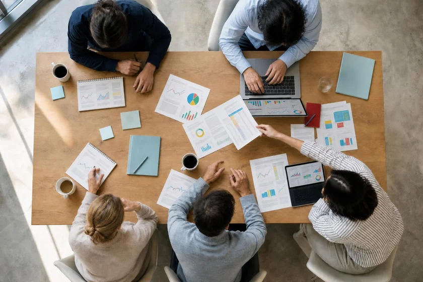 A team reviewing analytics reports together around a shared table