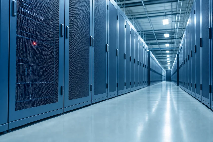 A lit aisle of server cabinets in a data center