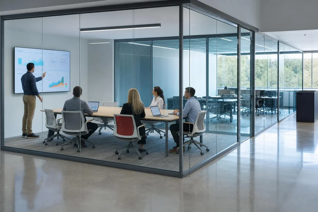 Colleagues in a planning meeting in a glass-walled office