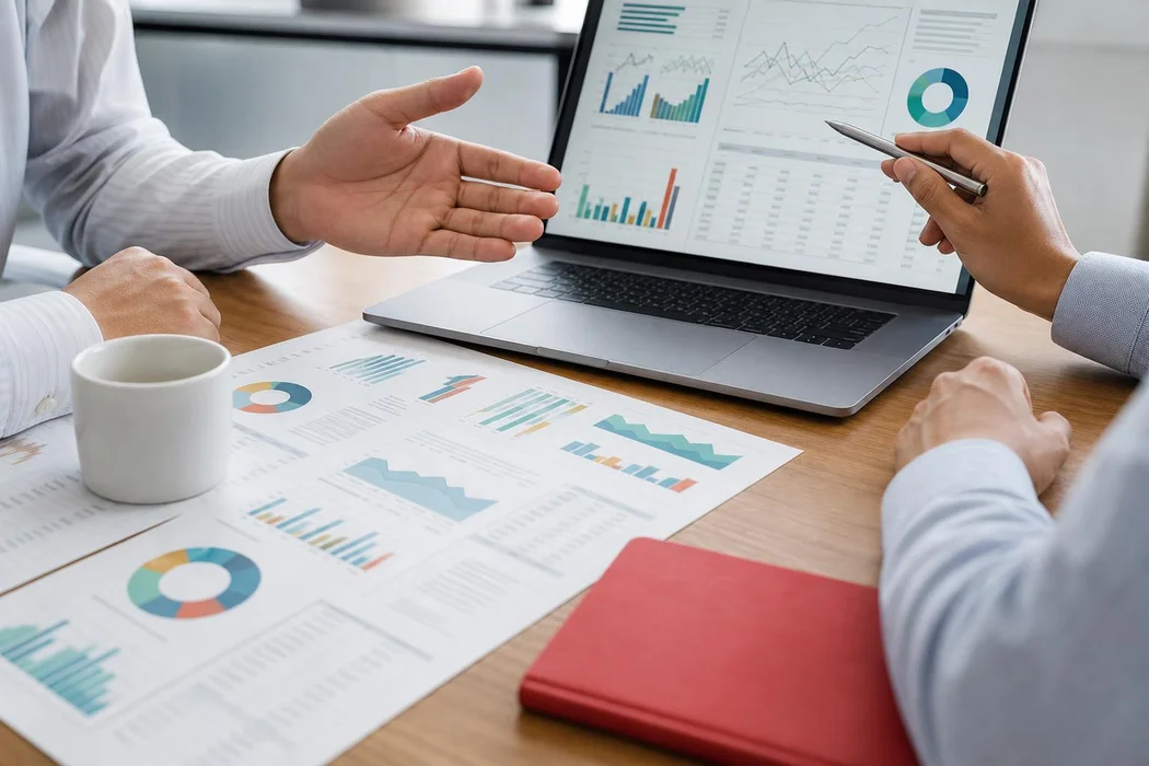 Two people reviewing performance charts across a desk