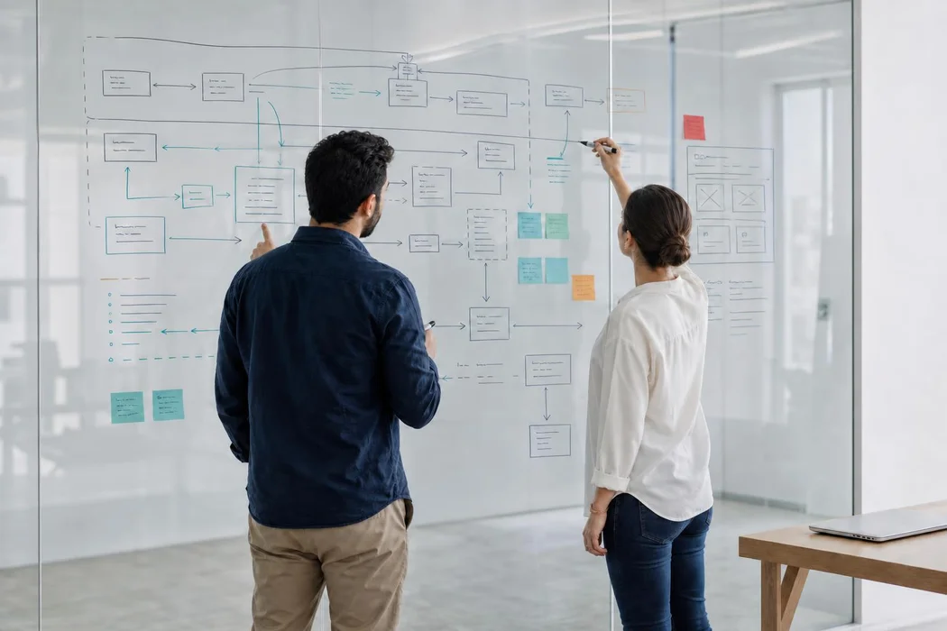 Colleagues mapping a team’s workflow on a glass wall