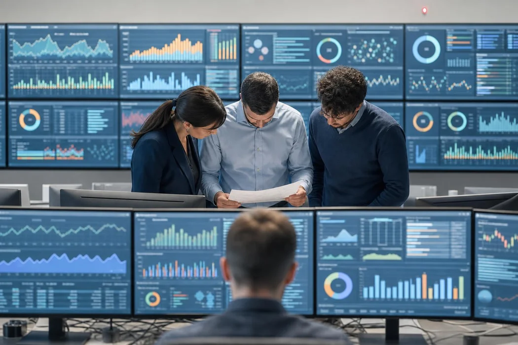 A project team reviewing dashboards together in an operations room