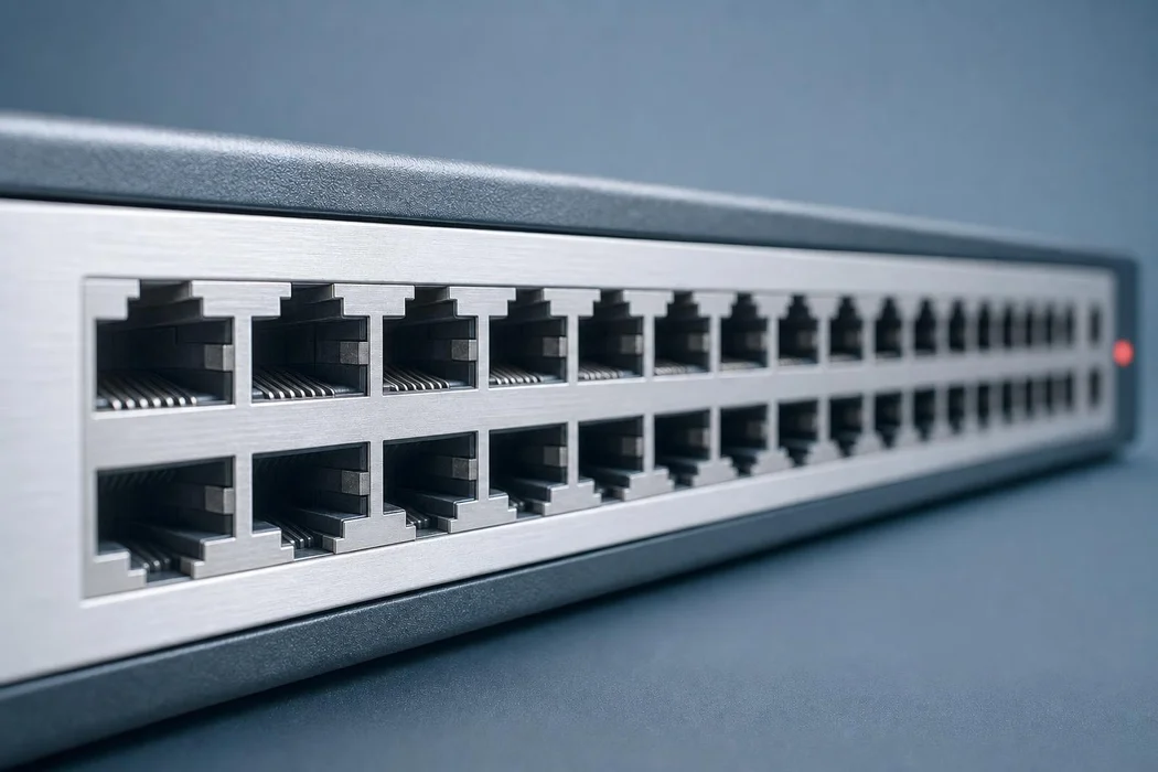 A close-up of the port panel on a network switch