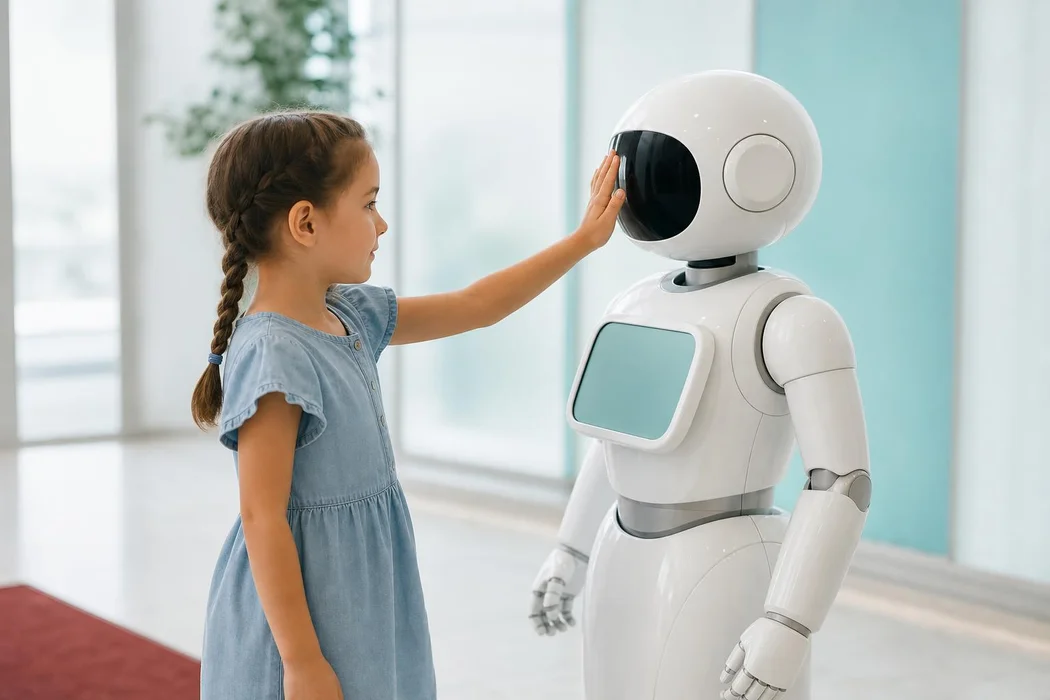 A child meeting a friendly service robot